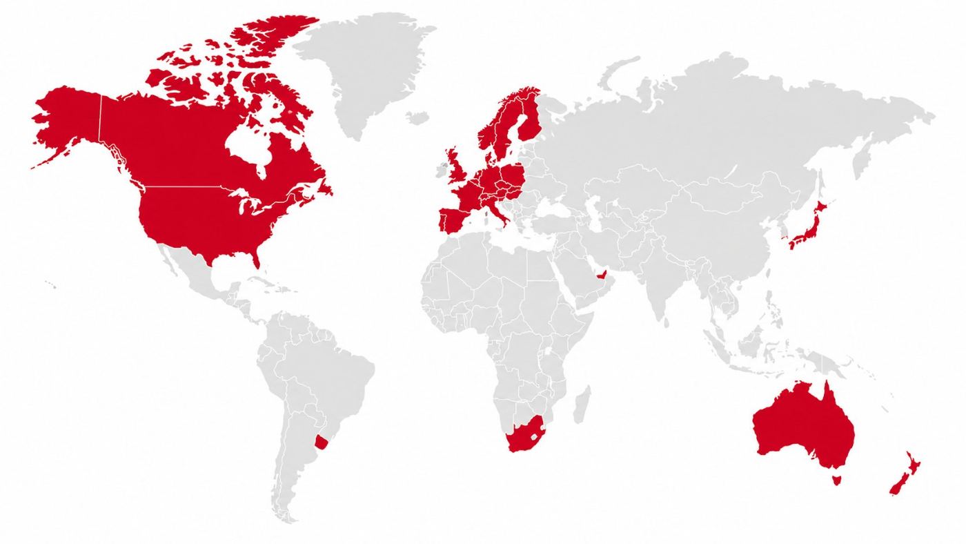 World map highlighting the 31 countries the Leigh site exports to, including the USA, France, Germany, Australia and Canada